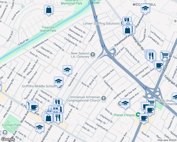 map of restaurants, bars, coffee shops, grocery stores, and more near 9224 Paramount Boulevard in Downey