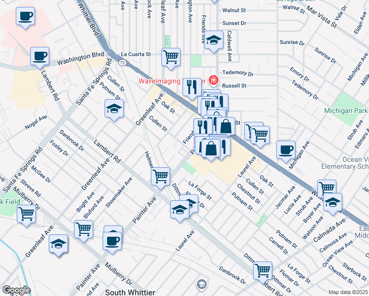 map of restaurants, bars, coffee shops, grocery stores, and more near 13307 Gateway Lane in Whittier