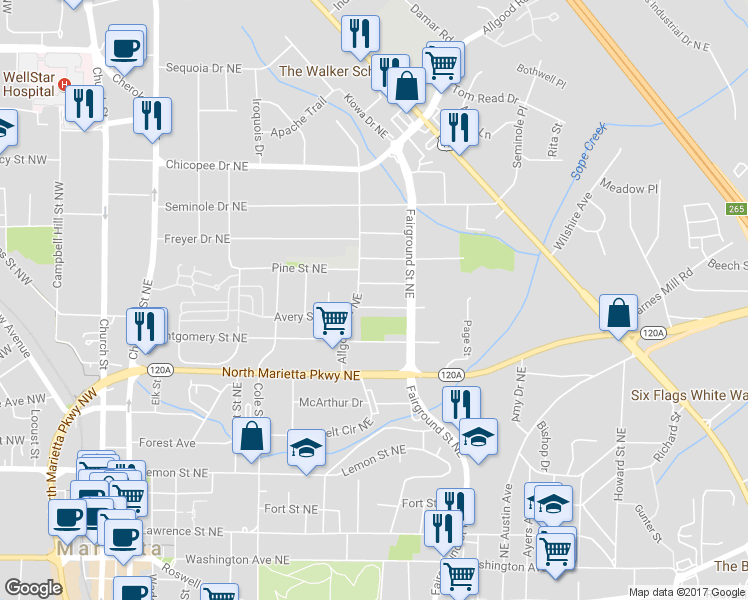 map of restaurants, bars, coffee shops, grocery stores, and more near 463 Morningside Drive Northeast in Marietta