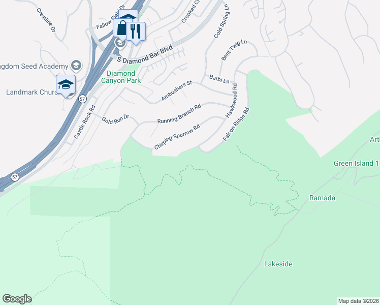 map of restaurants, bars, coffee shops, grocery stores, and more near 3628 Hawkwood Road in Diamond Bar