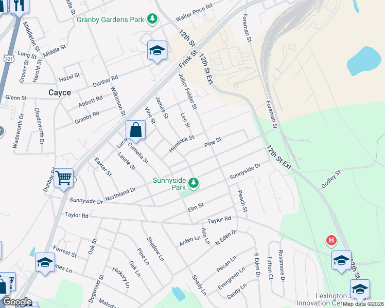 map of restaurants, bars, coffee shops, grocery stores, and more near 1309 Pine Street in Cayce