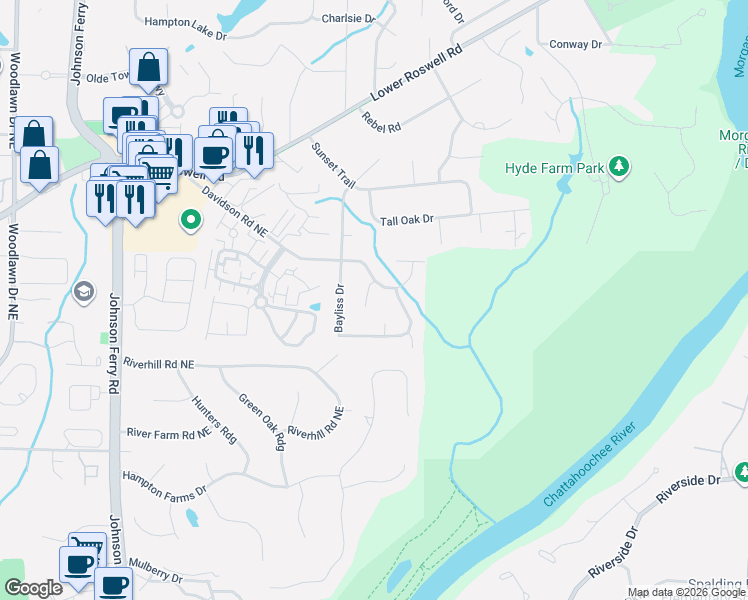 map of restaurants, bars, coffee shops, grocery stores, and more near 692 Willow Mill Court in Marietta