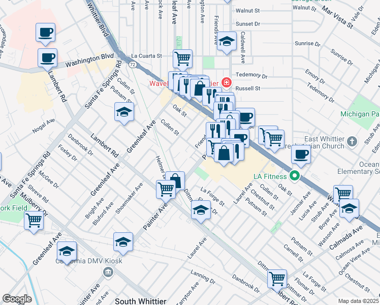 map of restaurants, bars, coffee shops, grocery stores, and more near 13242 Cullen Street in Whittier