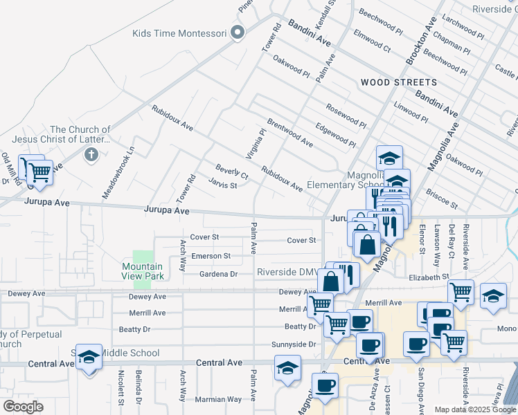 map of restaurants, bars, coffee shops, grocery stores, and more near 4475 Jurupa Avenue in Riverside