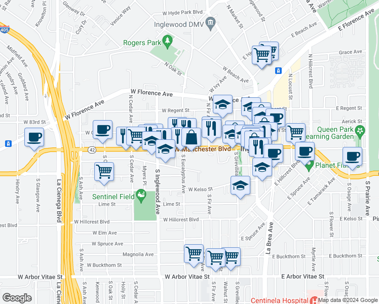 map of restaurants, bars, coffee shops, grocery stores, and more near 238 West Manchester Boulevard in Inglewood