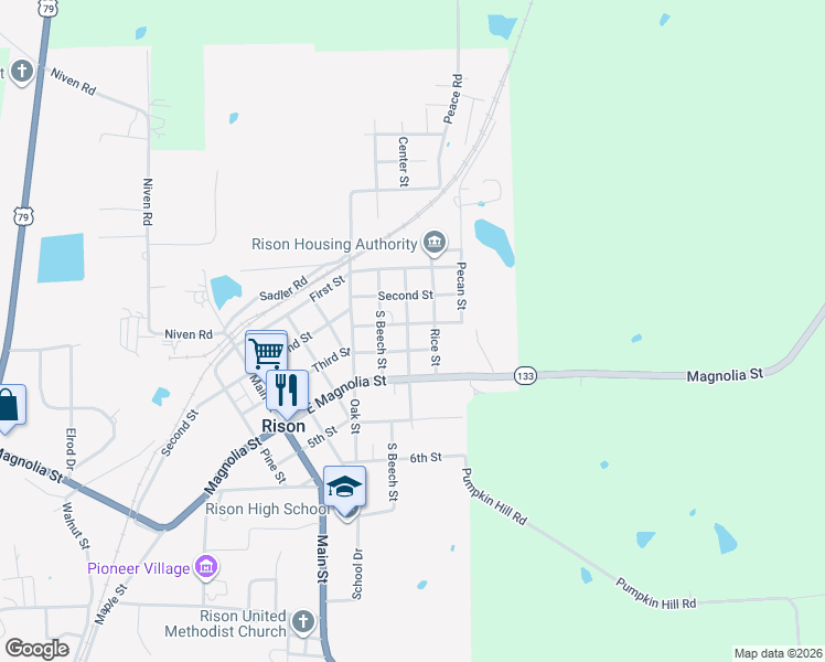 map of restaurants, bars, coffee shops, grocery stores, and more near 301 Center Street in Rison