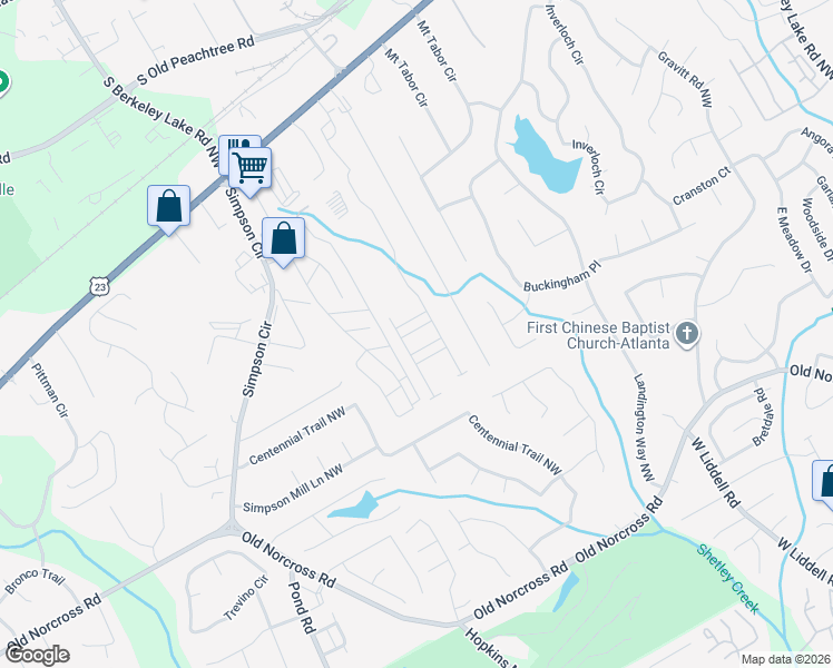 map of restaurants, bars, coffee shops, grocery stores, and more near 4250 Sunny Oak Place in Norcross