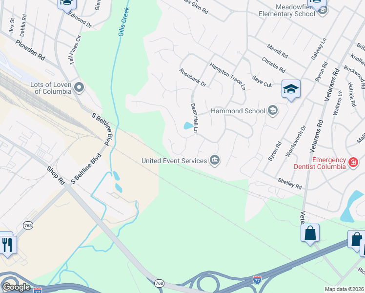 map of restaurants, bars, coffee shops, grocery stores, and more near 110 Wood Ride Lane in Columbia