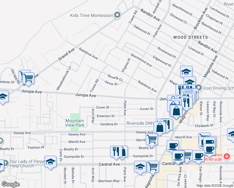 map of restaurants, bars, coffee shops, grocery stores, and more near 4545 Jurupa Avenue in Riverside