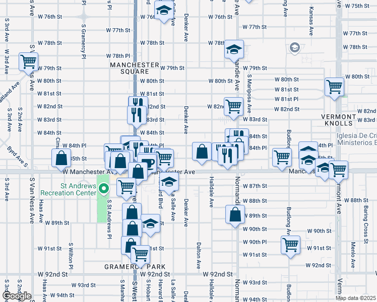 map of restaurants, bars, coffee shops, grocery stores, and more near 8462 South Denker Avenue in Los Angeles