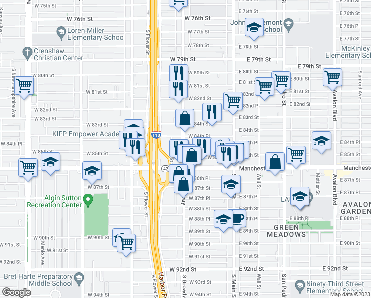 map of restaurants, bars, coffee shops, grocery stores, and more near 8500 South Broadway in Los Angeles