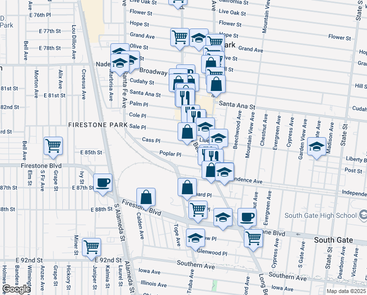 map of restaurants, bars, coffee shops, grocery stores, and more near 2546 Cass Place in Huntington Park