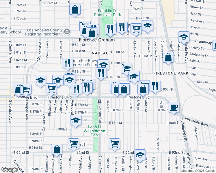 map of restaurants, bars, coffee shops, grocery stores, and more near 8407 Beach Street in Los Angeles