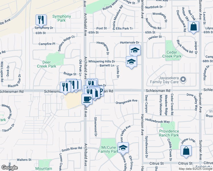 map of restaurants, bars, coffee shops, grocery stores, and more near Riverglen Drive in Eastvale