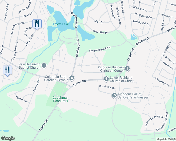 map of restaurants, bars, coffee shops, grocery stores, and more near 113 Steeplechase Road South in Columbia