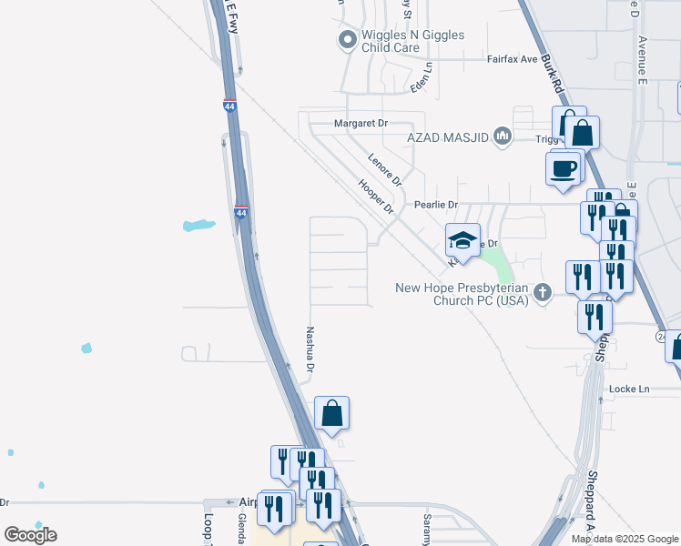 map of restaurants, bars, coffee shops, grocery stores, and more near 201 New Moon Lane in Wichita Falls