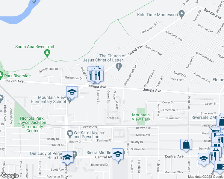 map of restaurants, bars, coffee shops, grocery stores, and more near 4982 Jurupa Avenue in Riverside