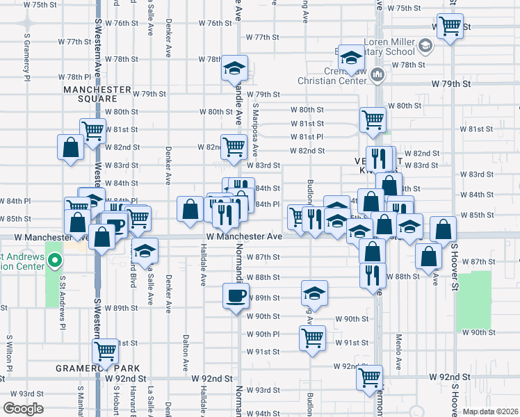 map of restaurants, bars, coffee shops, grocery stores, and more near 1320 West 84th Place in Los Angeles