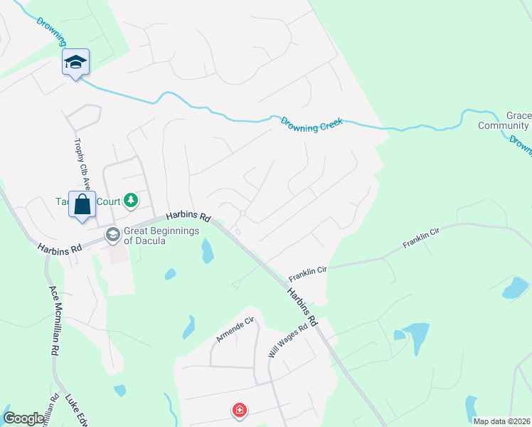 map of restaurants, bars, coffee shops, grocery stores, and more near 1476 Rolling View Way Southeast in Dacula