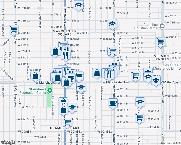 map of restaurants, bars, coffee shops, grocery stores, and more near 8462 South Denker Avenue in Los Angeles