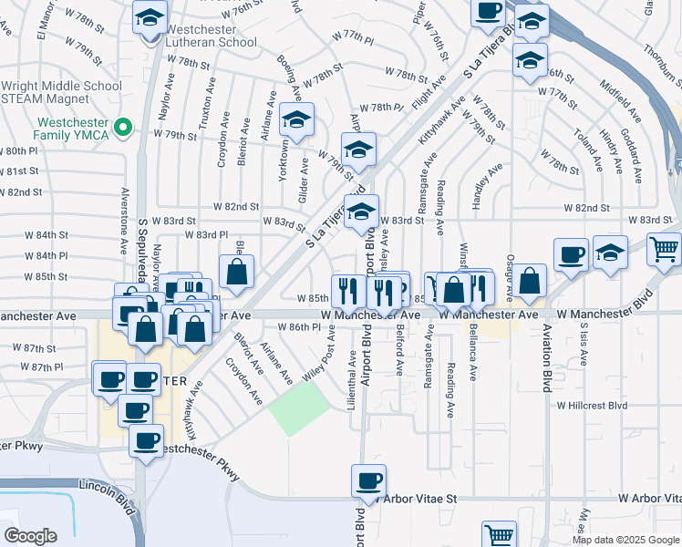 map of restaurants, bars, coffee shops, grocery stores, and more near 8414 Wiley Post Avenue in Los Angeles