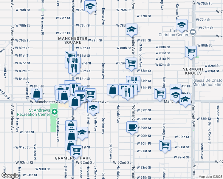 map of restaurants, bars, coffee shops, grocery stores, and more near 1526 West 84th Place in Los Angeles