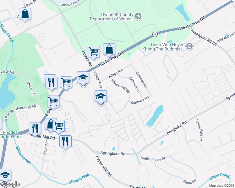 map of restaurants, bars, coffee shops, grocery stores, and more near 483 Bramden Circle in Lawrenceville