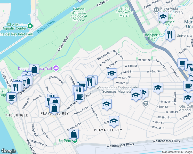 map of restaurants, bars, coffee shops, grocery stores, and more near 7935 West 80th Street in Los Angeles