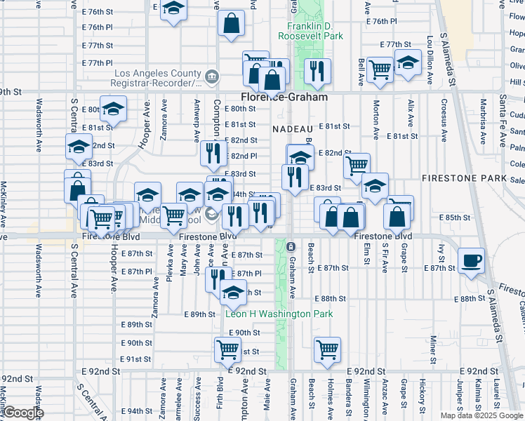 map of restaurants, bars, coffee shops, grocery stores, and more near 1635 East 85th Street in Los Angeles