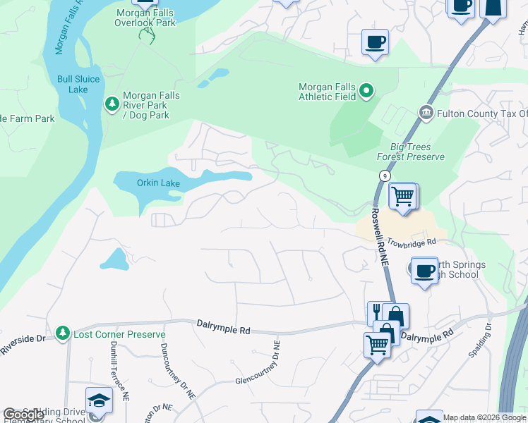 map of restaurants, bars, coffee shops, grocery stores, and more near 455 Trowgate Lane in Atlanta