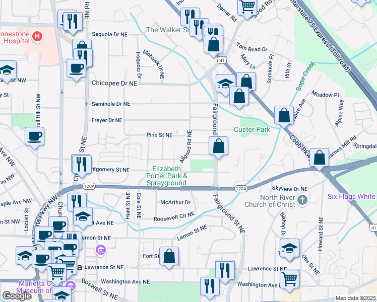 map of restaurants, bars, coffee shops, grocery stores, and more near 419 Allgood Road in Marietta