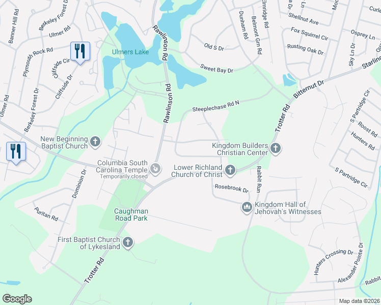 map of restaurants, bars, coffee shops, grocery stores, and more near 113 Steeplechase Road South in Columbia