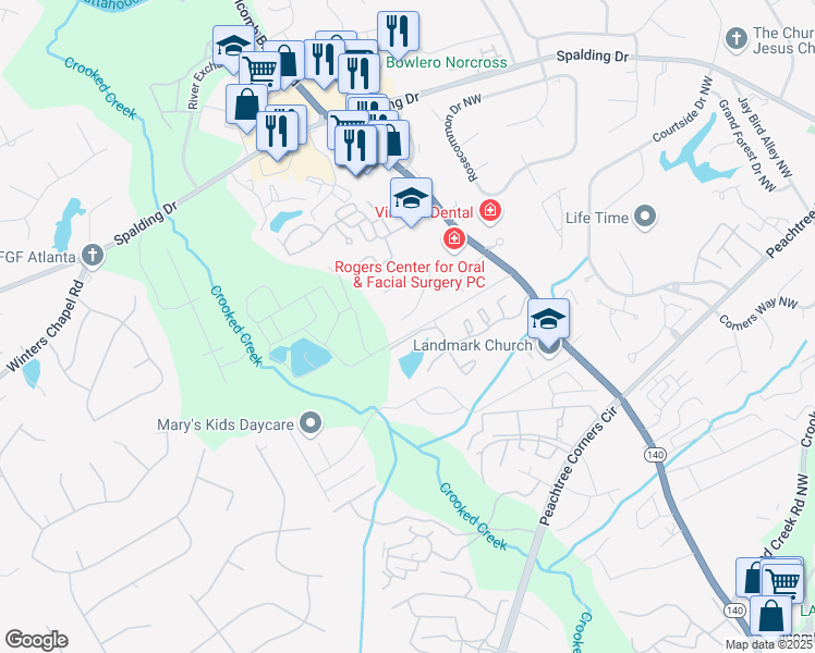 map of restaurants, bars, coffee shops, grocery stores, and more near 3827 Moran Way in Norcross