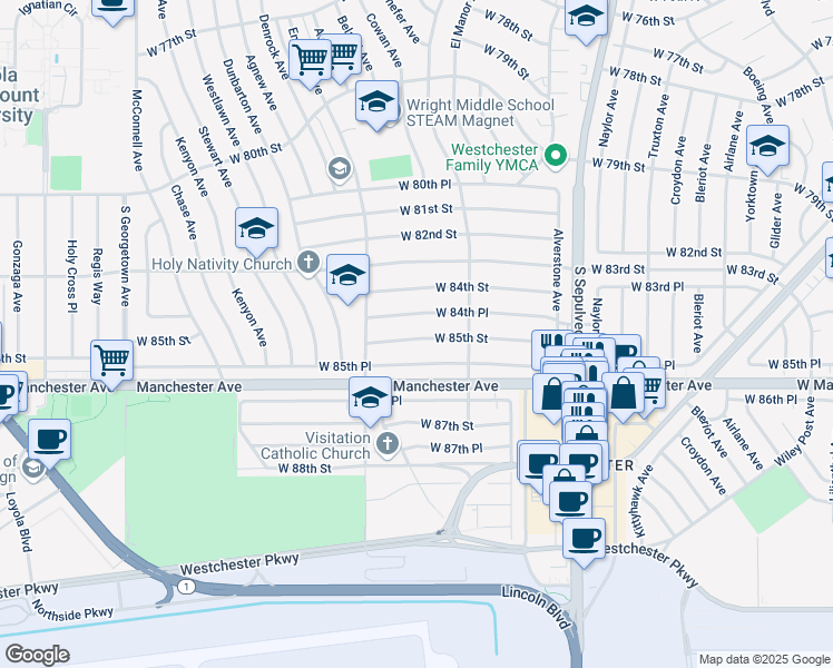 map of restaurants, bars, coffee shops, grocery stores, and more near 6521 West 85th Street in Los Angeles