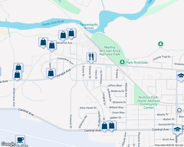 map of restaurants, bars, coffee shops, grocery stores, and more near 6058 Chester Street in Riverside