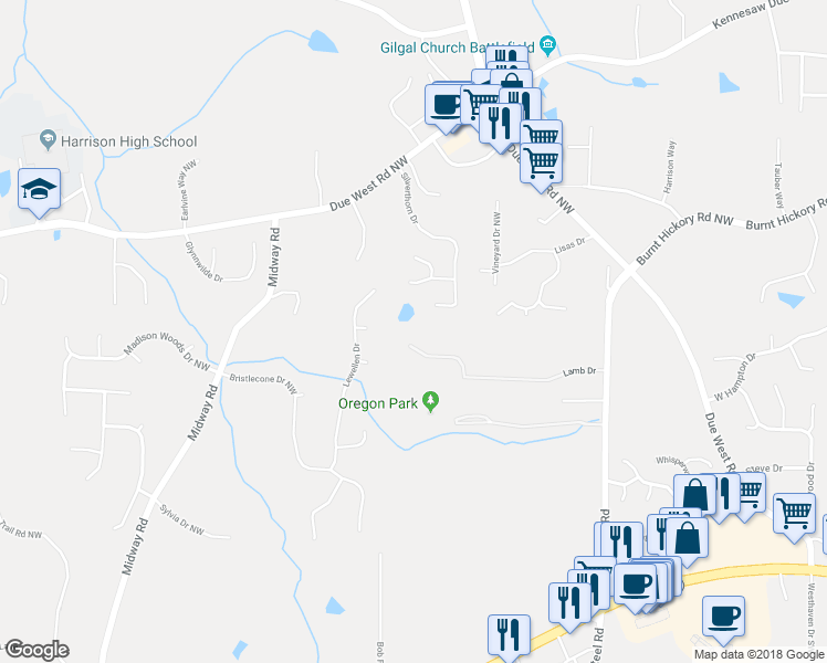 map of restaurants, bars, coffee shops, grocery stores, and more near 3814 Lamb Drive in Marietta