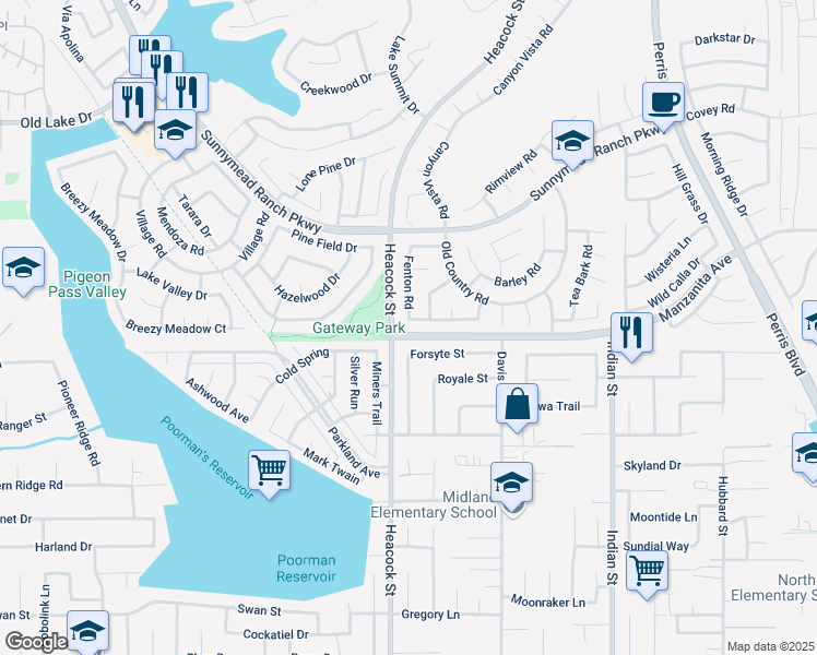 map of restaurants, bars, coffee shops, grocery stores, and more near 24049 Pleasant Run Road in Moreno Valley