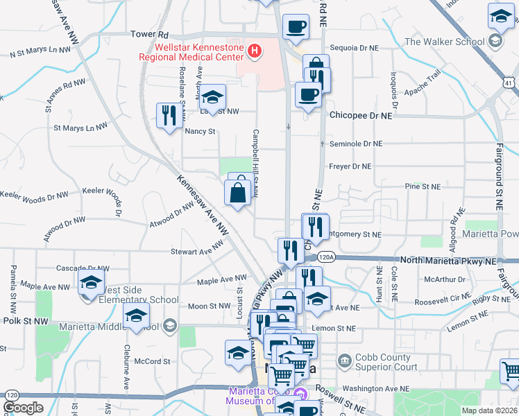 map of restaurants, bars, coffee shops, grocery stores, and more near 398 Campbell Hill Street Northwest in Marietta