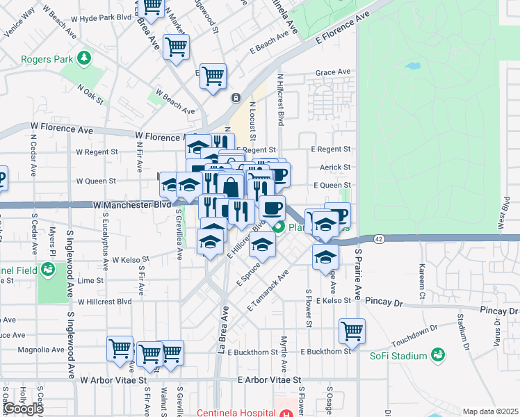 map of restaurants, bars, coffee shops, grocery stores, and more near 206 South Locust Street in Inglewood