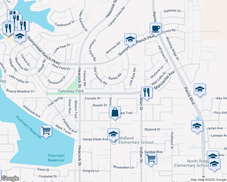 map of restaurants, bars, coffee shops, grocery stores, and more near 10994 Lemonwood Circle in Moreno Valley