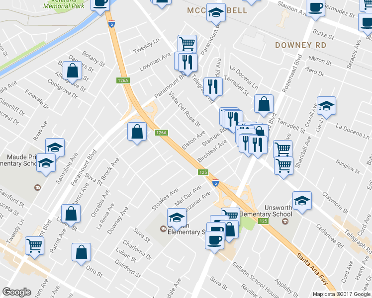 map of restaurants, bars, coffee shops, grocery stores, and more near 9016 Elston Avenue in Downey