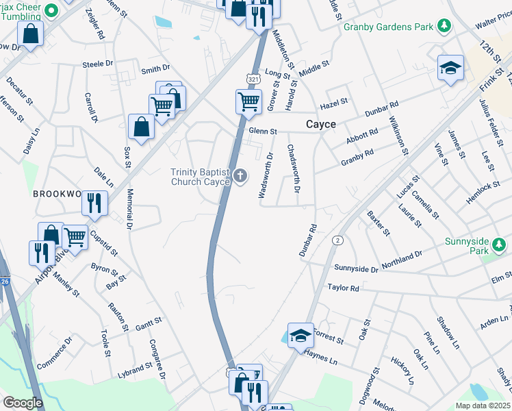 map of restaurants, bars, coffee shops, grocery stores, and more near 1832 Wadsworth Drive in Cayce