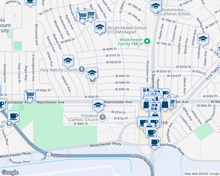 map of restaurants, bars, coffee shops, grocery stores, and more near 6521 West 85th Street in Los Angeles
