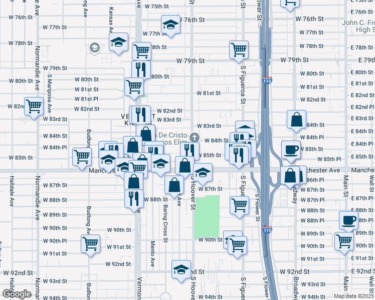 map of restaurants, bars, coffee shops, grocery stores, and more near 815 West 85th Street in Los Angeles