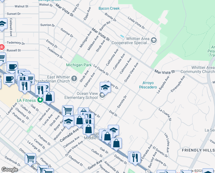 map of restaurants, bars, coffee shops, grocery stores, and more near 14323 Tedemory Drive in Whittier