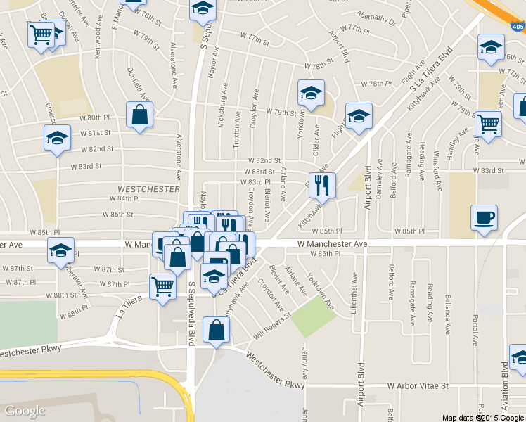 map of restaurants, bars, coffee shops, grocery stores, and more near 8427 Bleriot Avenue in Los Angeles