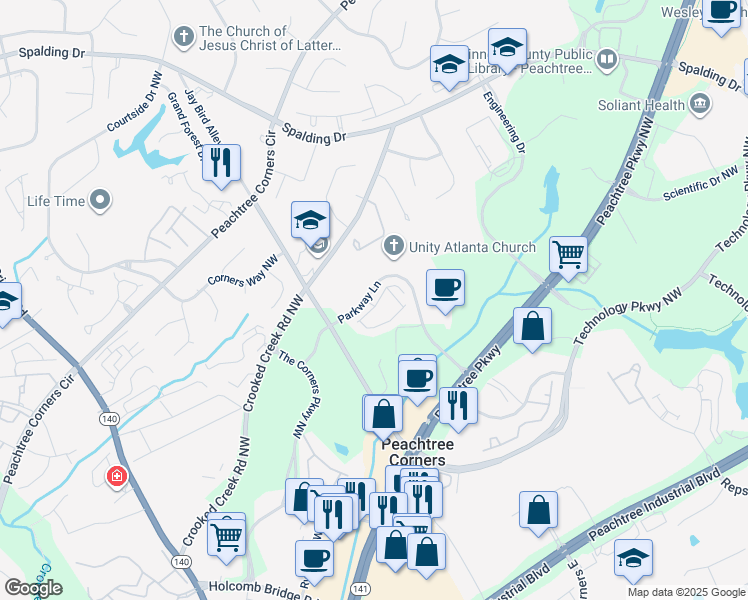 map of restaurants, bars, coffee shops, grocery stores, and more near 5881 Terrace Bend Way in Peachtree Corners