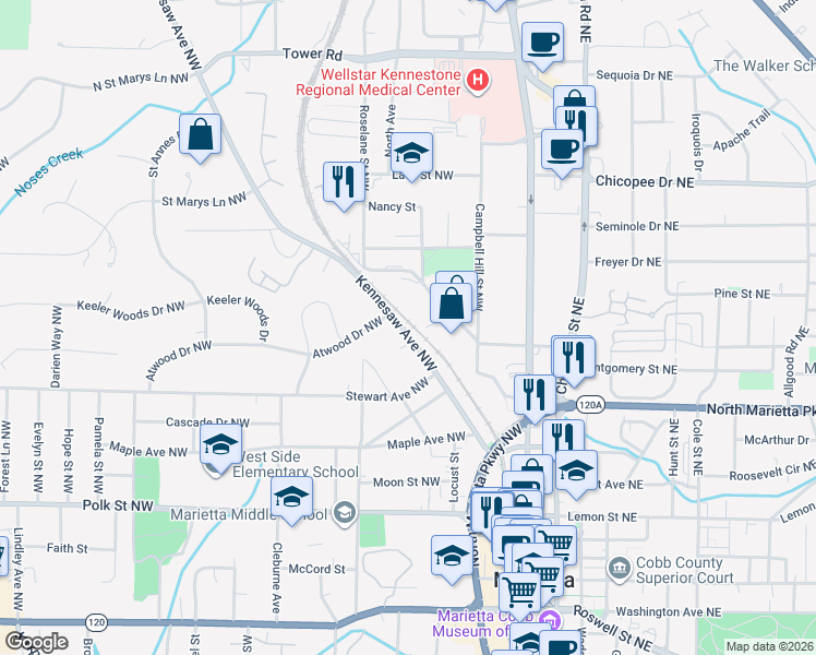 map of restaurants, bars, coffee shops, grocery stores, and more near 380 Kennesaw Avenue in Marietta