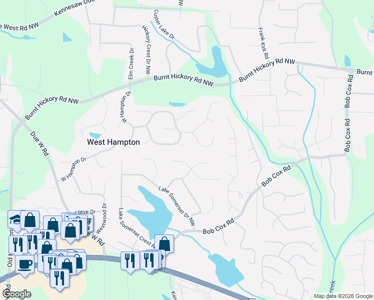 map of restaurants, bars, coffee shops, grocery stores, and more near 301 Green Farm Way Northwest in Marietta