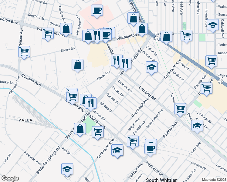 map of restaurants, bars, coffee shops, grocery stores, and more near 12618 Foxley Drive in Whittier